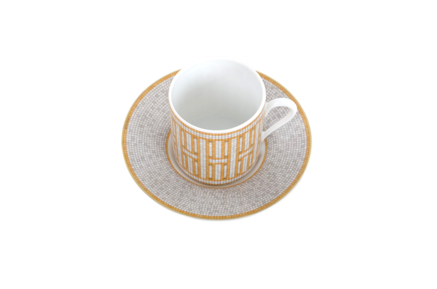Hermès Mosaique au 24 Gold Coffee Cup and Saucer Porcelein Interior Benoit Pierre Emery
