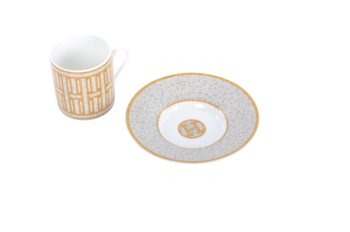 Hermès Mosaique au 24 Gold Coffee Cup and Saucer Porcelein Interior Benoit Pierre Emery