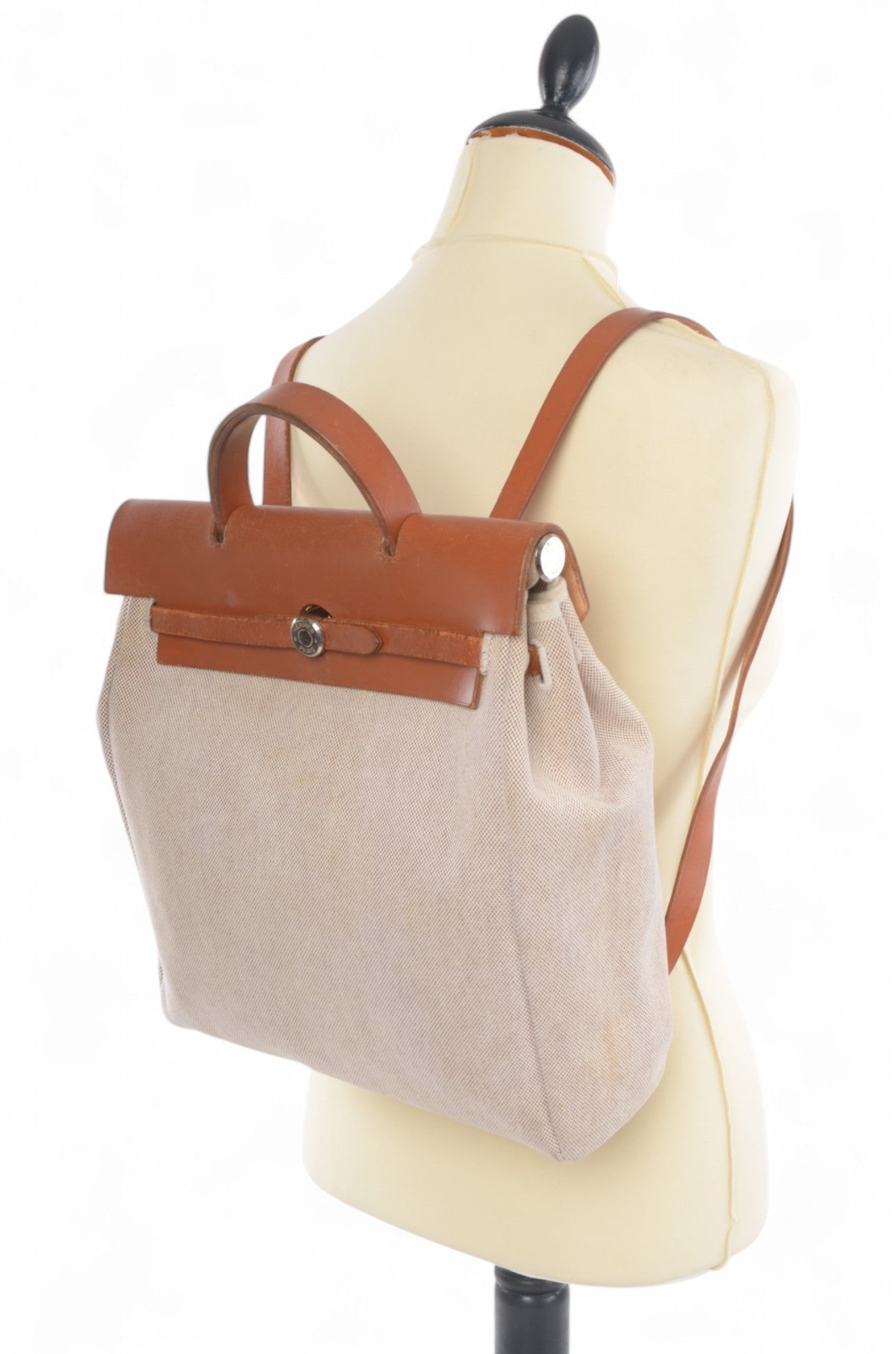 Hermès Herbag Backpack Bag Leather Canvas Toile Ash Vintage Beige Brown Vintage