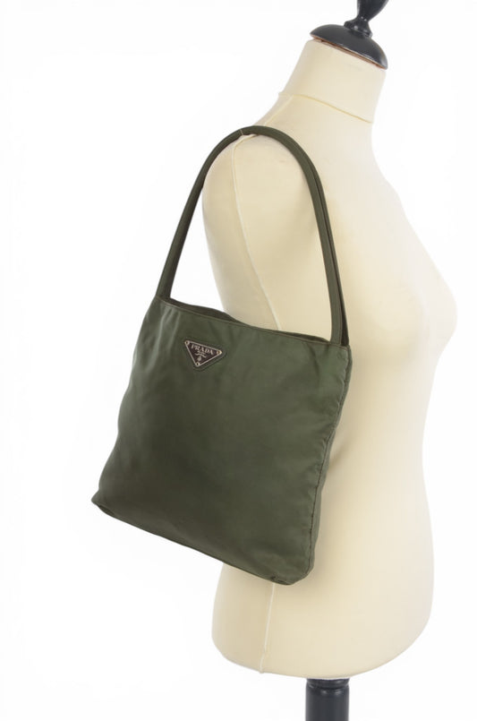 Prada Shoulder Bag Vintage Tessuto Nylon Handbag Khaki Green Designer Classic Authentic