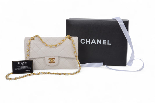 Chanel Classic Small Double Flap Bag White Lambskin W-Flap 23 Matelasse Coco Mark Turn Lock Chain Shoulder Bag CrossbodyVintage