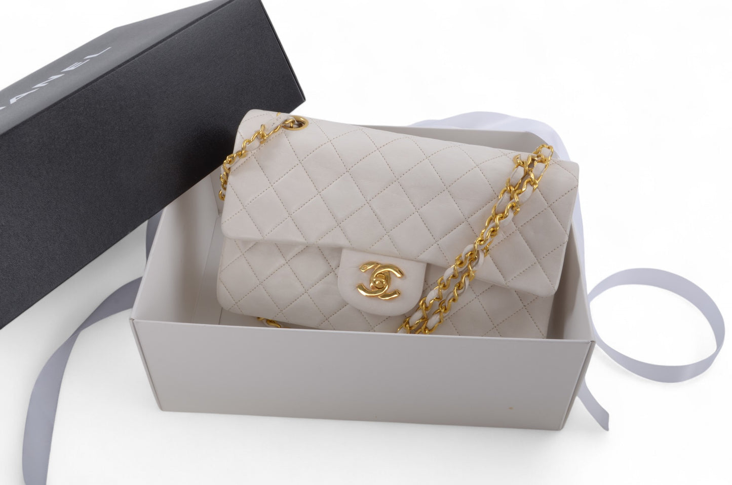 Chanel Classic Small Double Flap Bag White Lambskin W-Flap 23 Matelasse Coco Mark Turn Lock Chain Shoulder Bag CrossbodyVintage