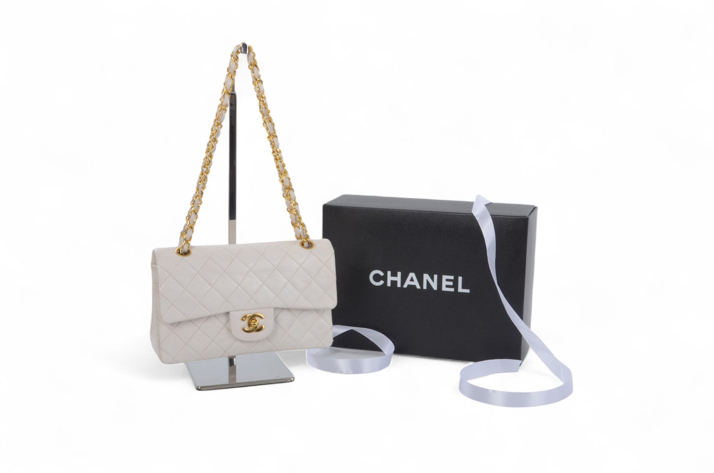 Chanel Classic Small Double Flap Bag White Lambskin W-Flap 23 Matelasse Coco Mark Turn Lock Chain Shoulder Bag CrossbodyVintage