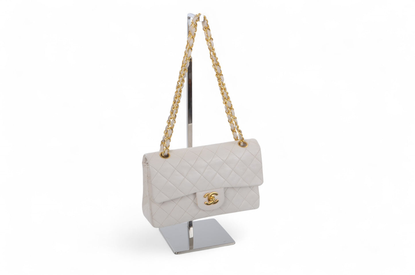 Chanel Classic Small Double Flap Bag White Lambskin W-Flap 23 Matelasse Coco Mark Turn Lock Chain Shoulder Bag CrossbodyVintage