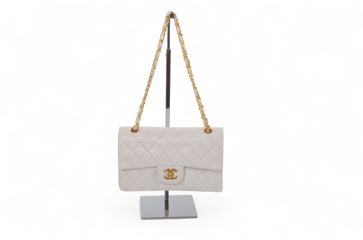 Chanel Classic Small Double Flap Bag White Lambskin W-Flap 23 Matelasse Coco Mark Turn Lock Chain Shoulder Bag CrossbodyVintage