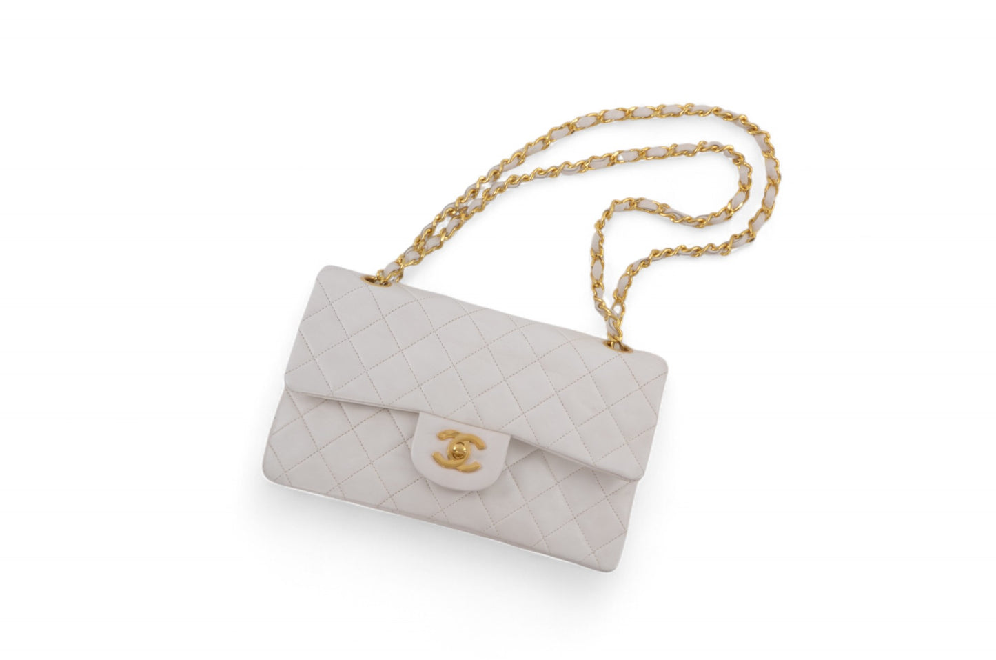 Chanel Classic Small Double Flap Bag White Lambskin W-Flap 23 Matelasse Coco Mark Turn Lock Chain Shoulder Bag CrossbodyVintage
