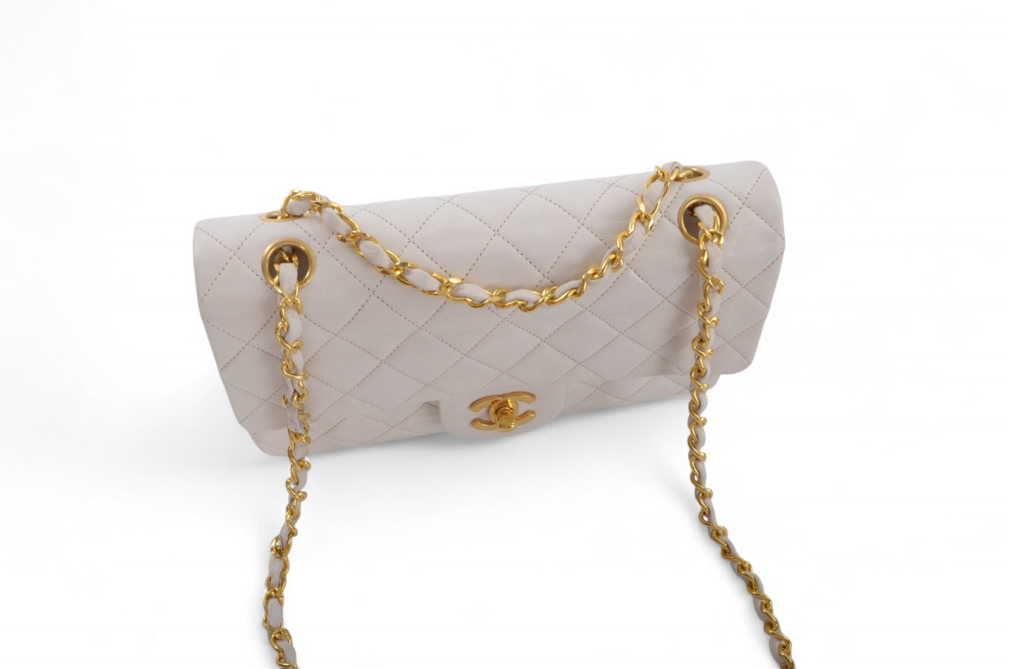 Chanel Classic Small Double Flap Bag White Lambskin W-Flap 23 Matelasse Coco Mark Turn Lock Chain Shoulder Bag CrossbodyVintage