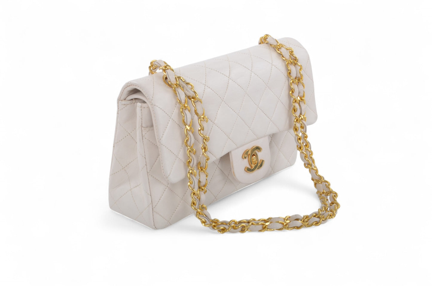 Chanel Classic Small Double Flap Bag White Lambskin W-Flap 23 Matelasse Coco Mark Turn Lock Chain Shoulder Bag CrossbodyVintage
