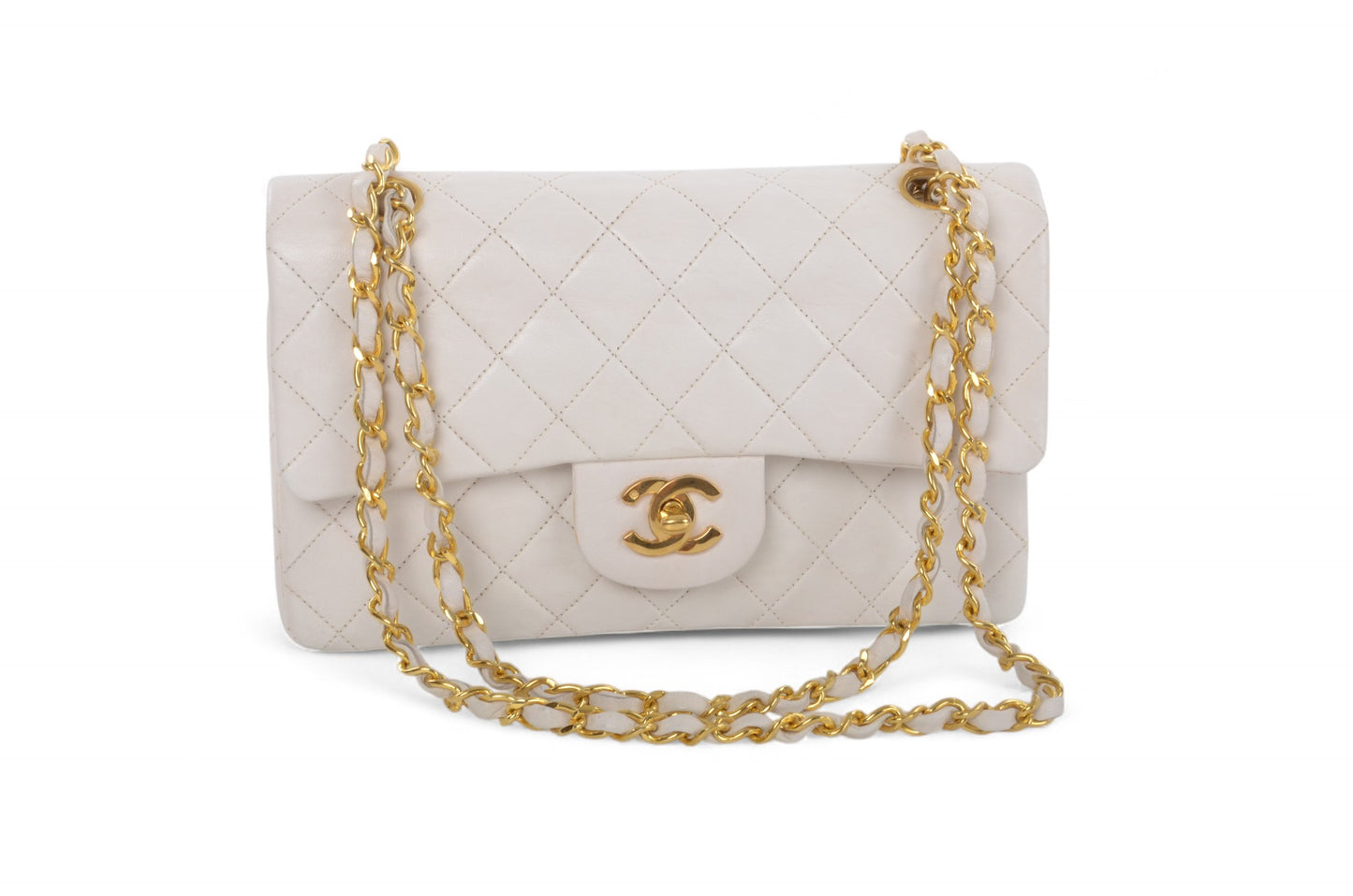 Chanel Classic Small Double Flap Bag White Lambskin W-Flap 23 Matelasse Coco Mark Turn Lock Chain Shoulder Bag CrossbodyVintage
