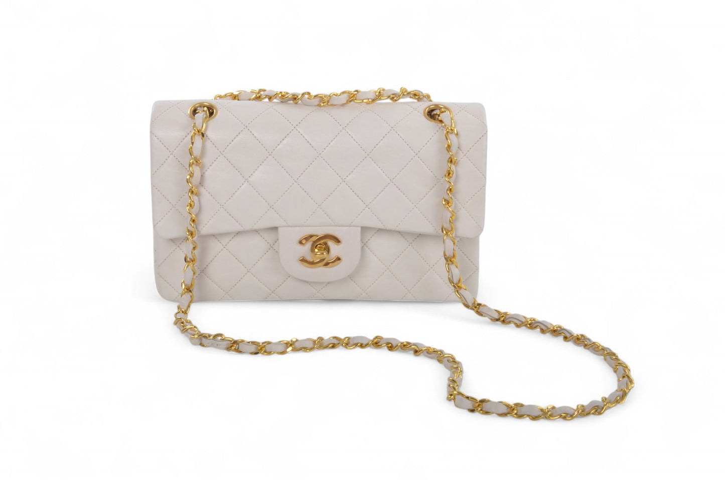 Chanel Classic Small Double Flap Bag White Lambskin W-Flap 23 Matelasse Coco Mark Turn Lock Chain Shoulder Bag CrossbodyVintage