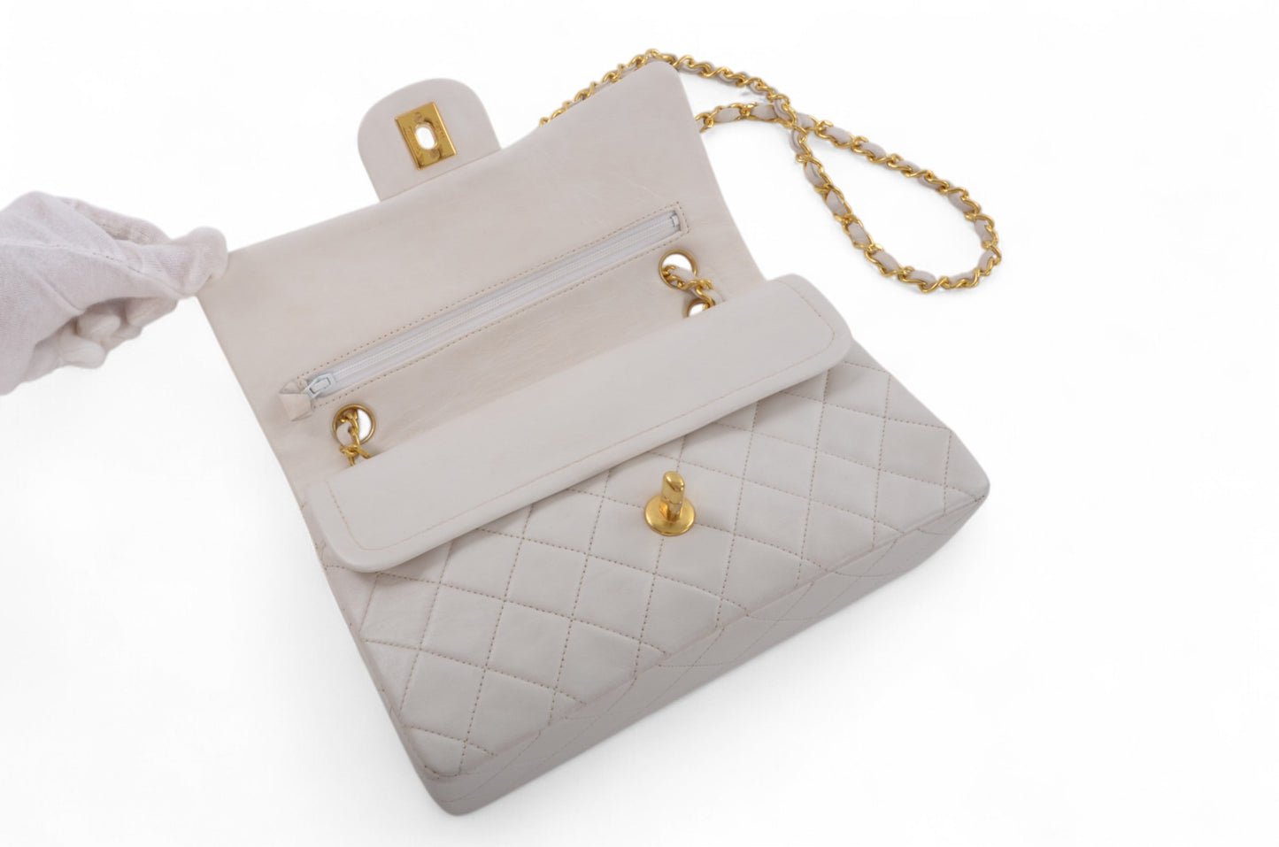 Chanel Classic Small Double Flap Bag White Lambskin W-Flap 23 Matelasse Coco Mark Turn Lock Chain Shoulder Bag CrossbodyVintage
