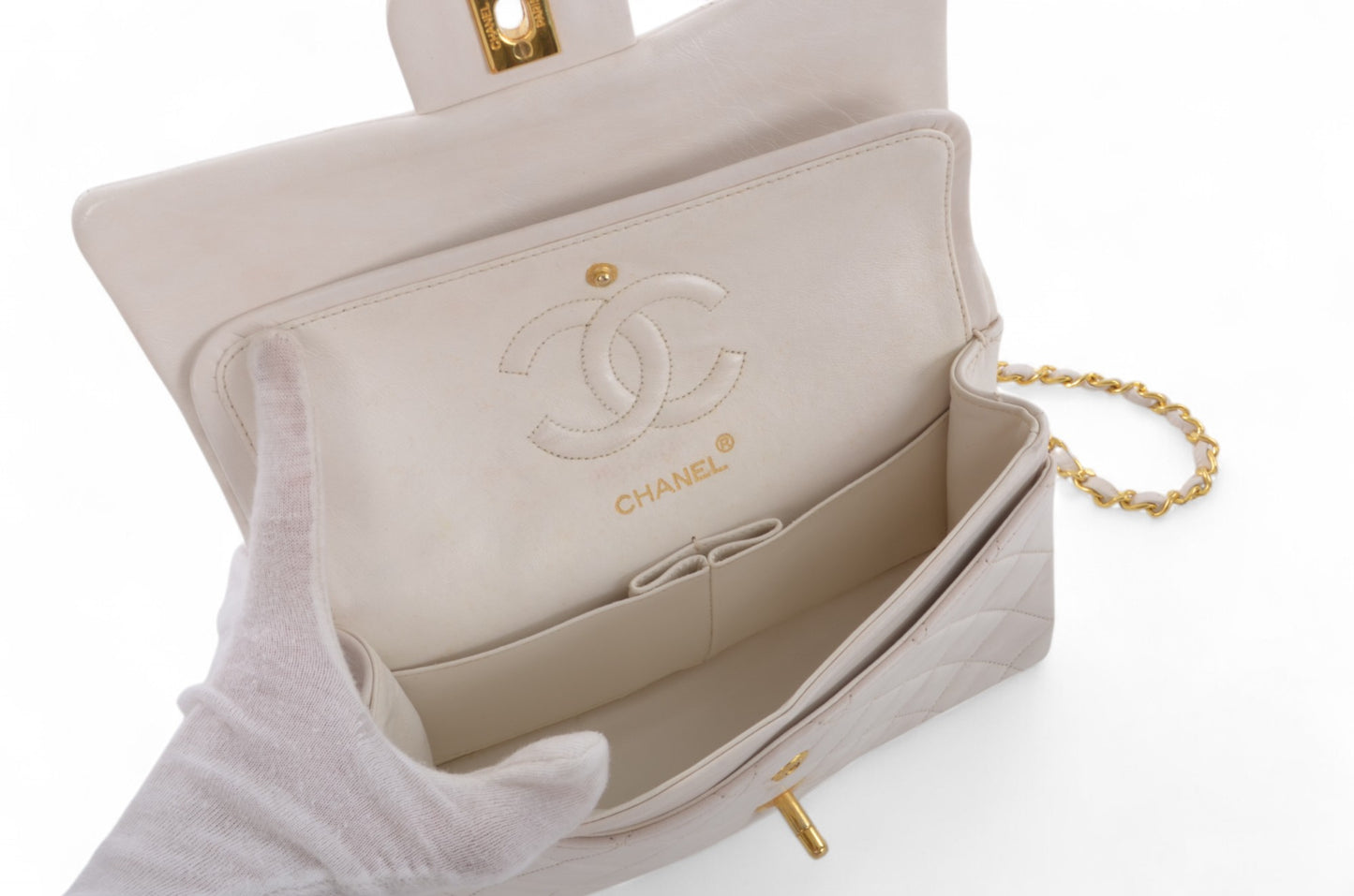 Chanel Classic Small Double Flap Bag White Lambskin W-Flap 23 Matelasse Coco Mark Turn Lock Chain Shoulder Bag CrossbodyVintage