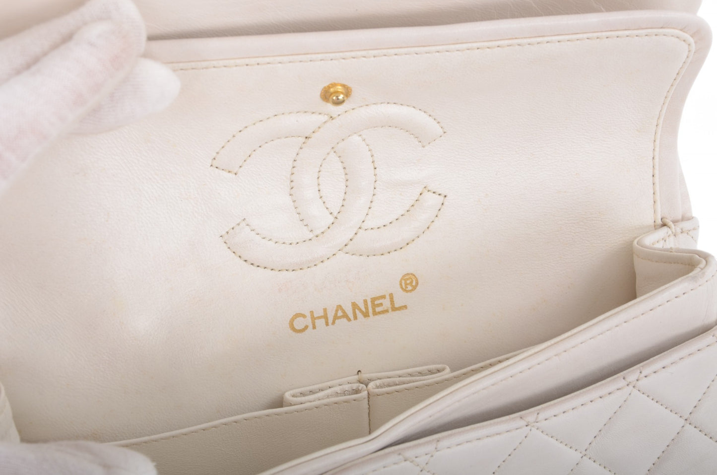 Chanel Classic Small Double Flap Bag White Lambskin W-Flap 23 Matelasse Coco Mark Turn Lock Chain Shoulder Bag CrossbodyVintage