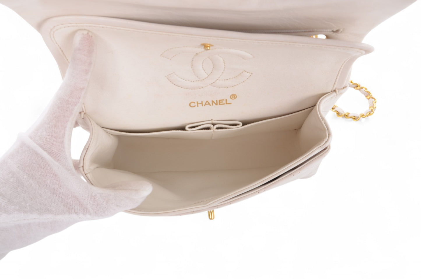 Chanel Classic Small Double Flap Bag White Lambskin W-Flap 23 Matelasse Coco Mark Turn Lock Chain Shoulder Bag CrossbodyVintage