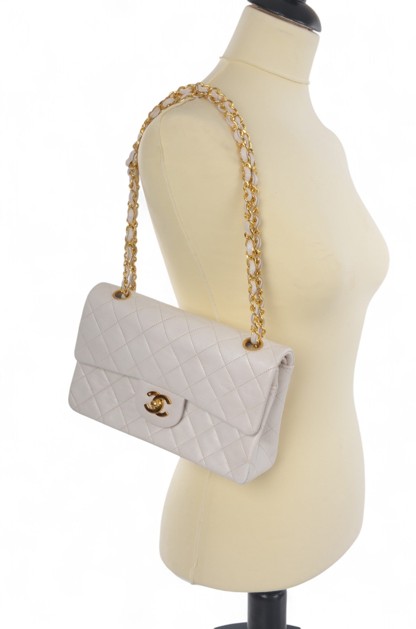 Chanel Classic Small Double Flap Bag White Lambskin W-Flap 23 Matelasse Coco Mark Turn Lock Chain Shoulder Bag CrossbodyVintage