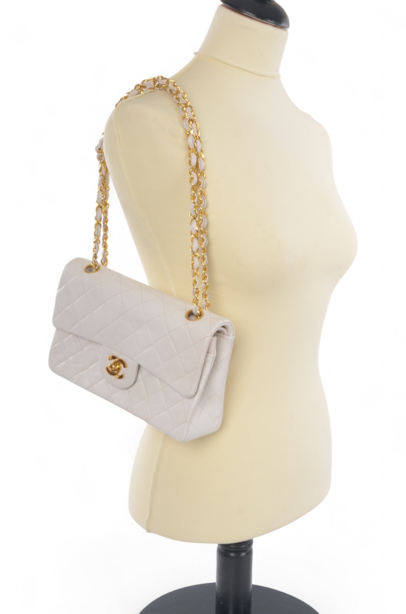 Chanel Classic Small Double Flap Bag White Lambskin W-Flap 23 Matelasse Coco Mark Turn Lock Chain Shoulder Bag CrossbodyVintage