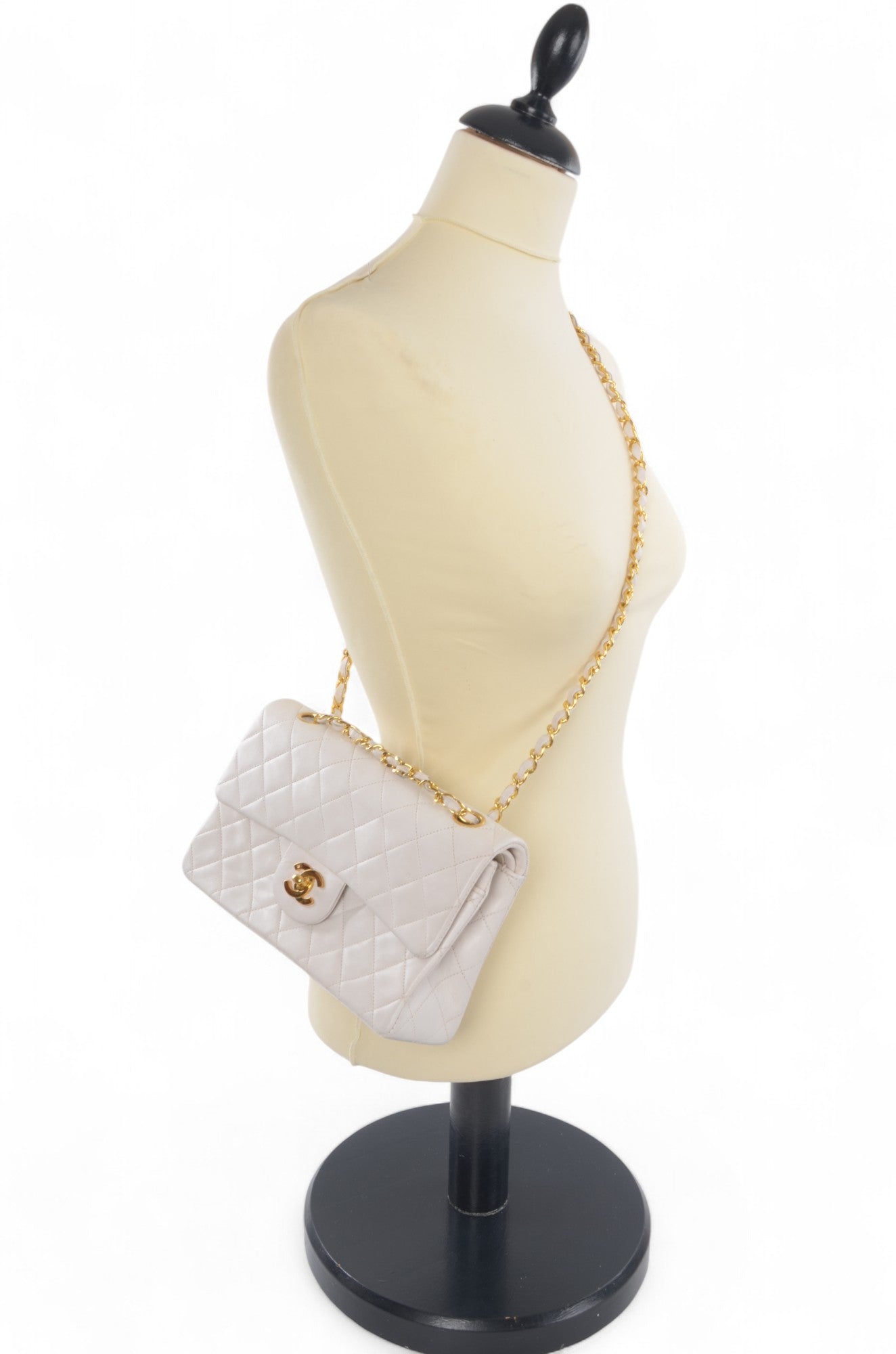 Chanel Classic Small Double Flap Bag White Lambskin W-Flap 23 Matelasse Coco Mark Turn Lock Chain Shoulder Bag CrossbodyVintage