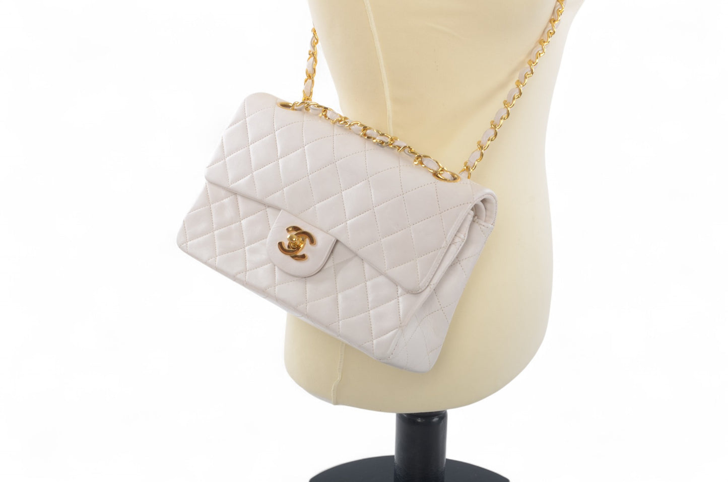 Chanel Classic Small Double Flap Bag White Lambskin W-Flap 23 Matelasse Coco Mark Turn Lock Chain Shoulder Bag CrossbodyVintage