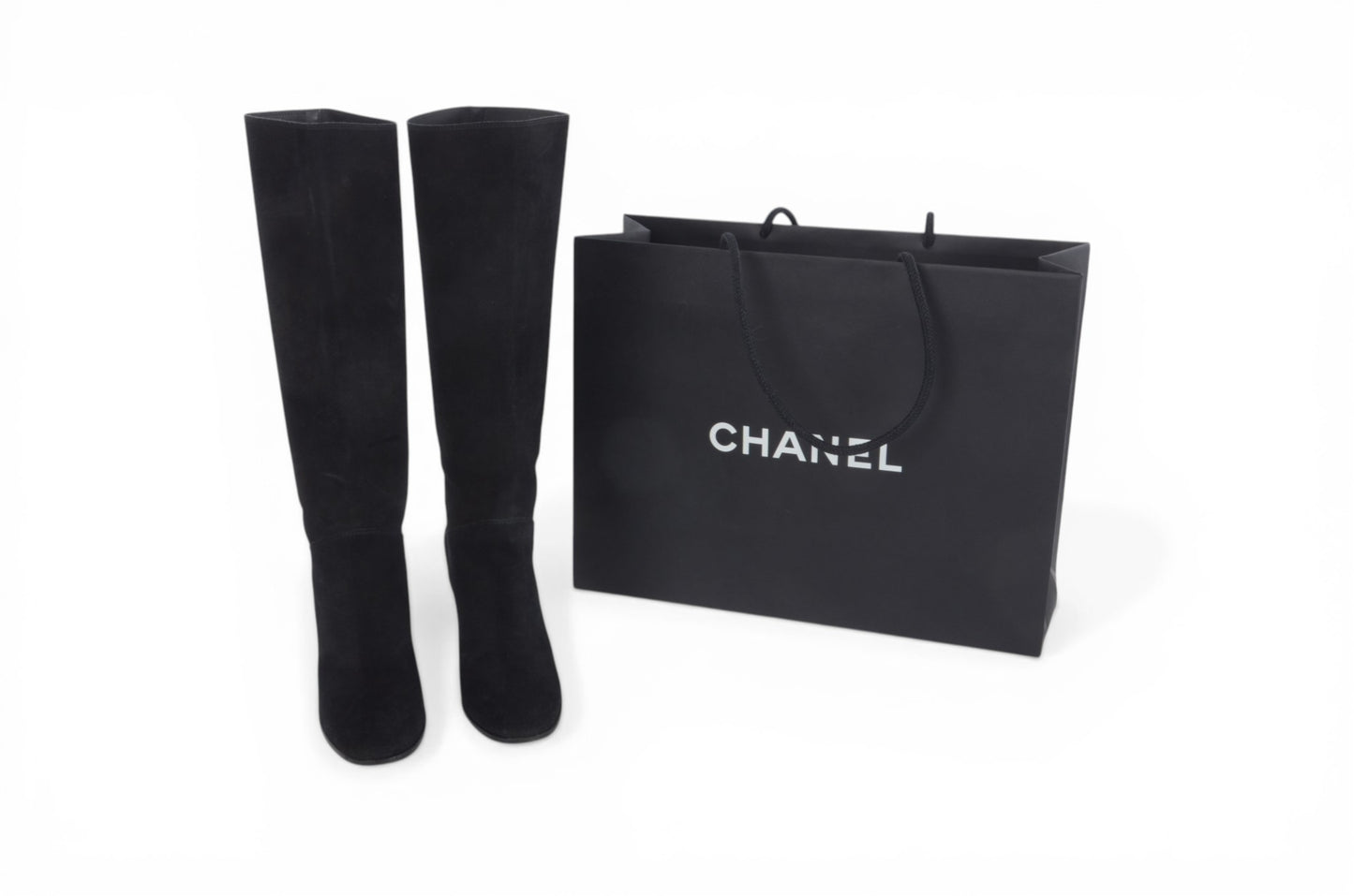 Chanel Long Boots Black Chunky Heel Logo Women's Shoes Vintage Designer Classic Authentic Size 36,5C