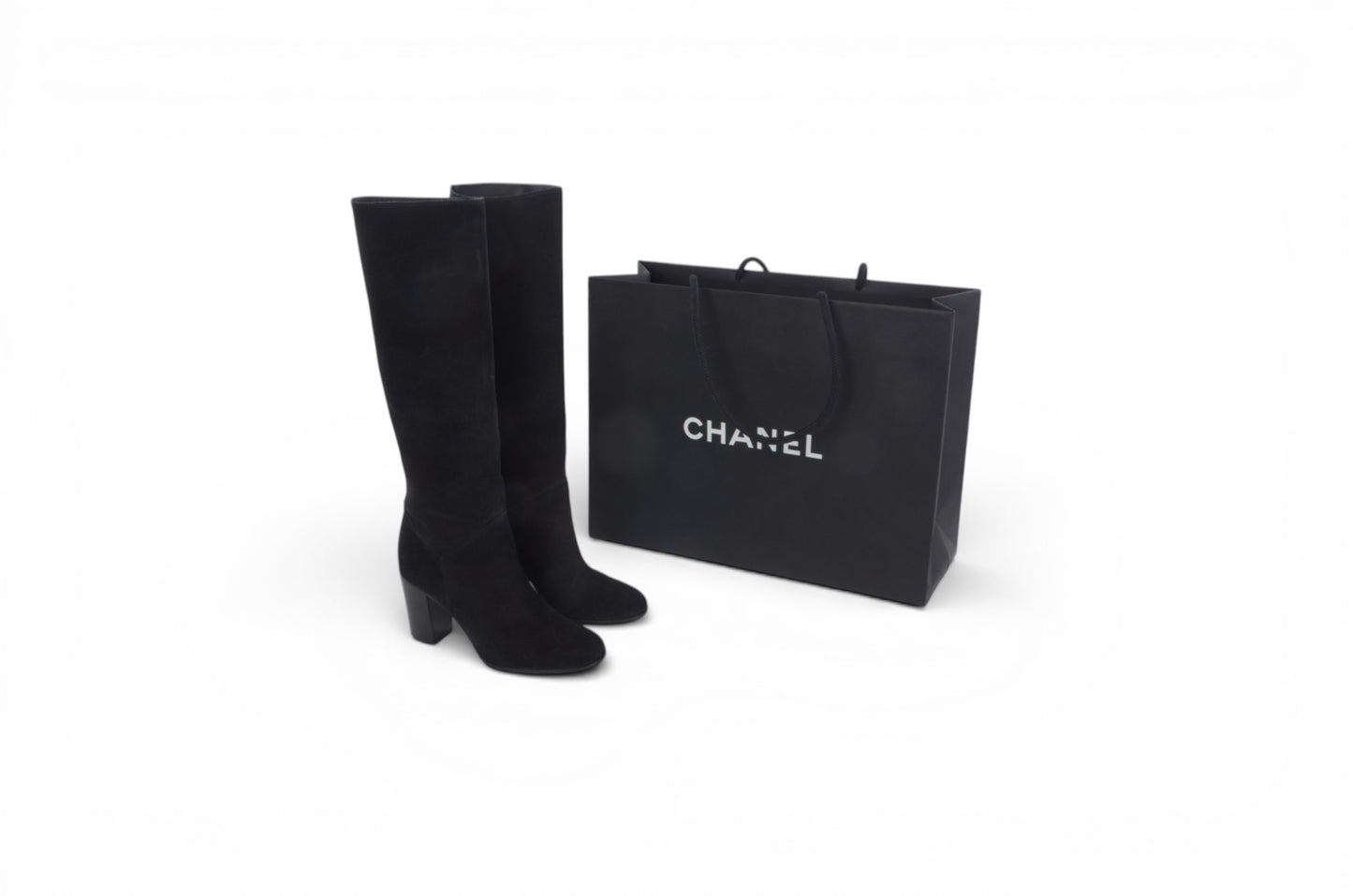 Chanel Long Boots Black Chunky Heel Logo Women's Shoes Vintage Designer Classic Authentic Size 36,5C