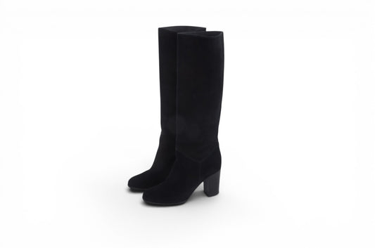 Chanel Long Boots Black Chunky Heel Logo Women's Shoes Vintage Designer Classic Authentic Size 36,5C