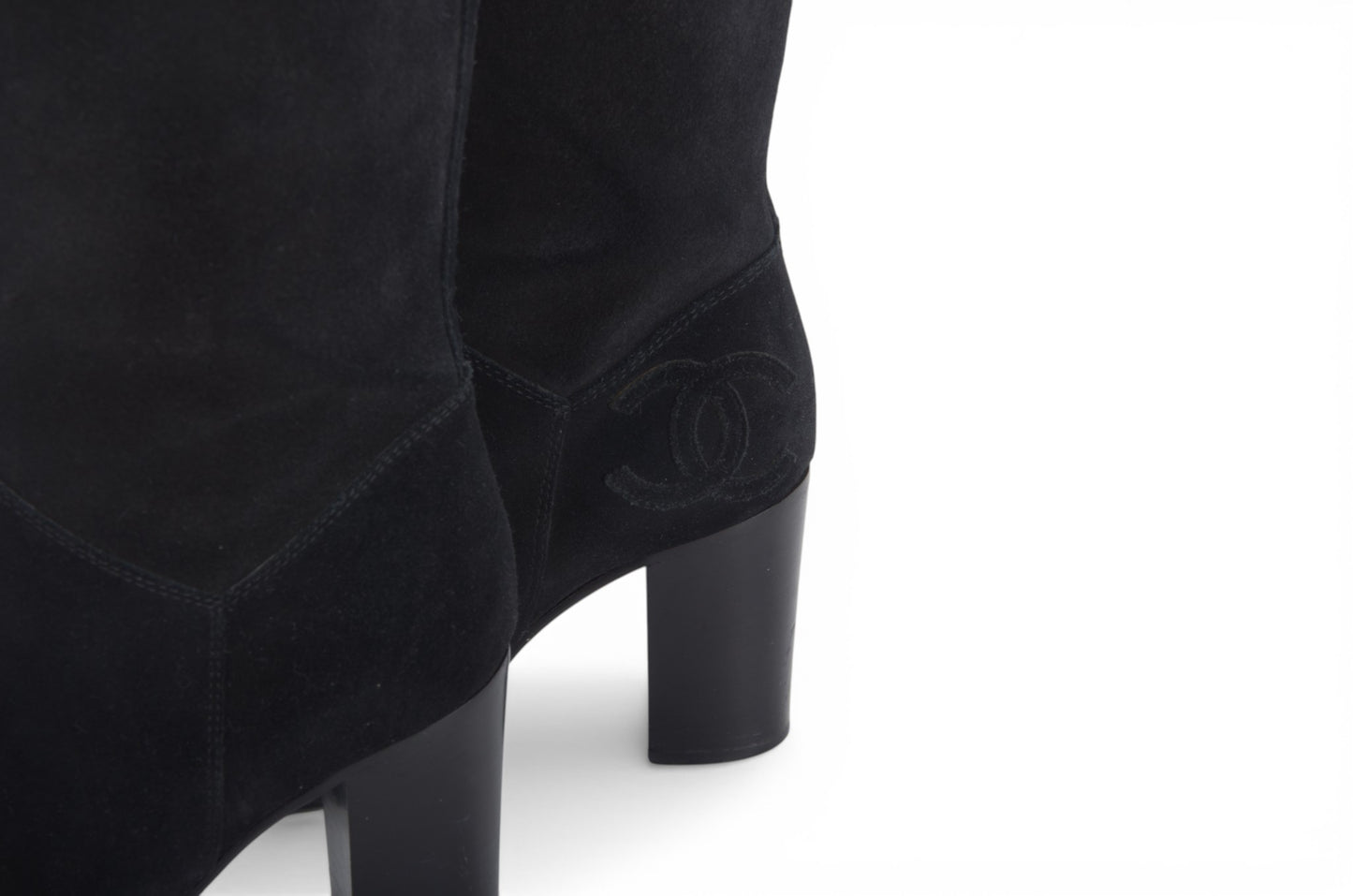 Chanel Long Boots Black Chunky Heel Logo Women's Shoes Vintage Designer Classic Authentic Size 36,5C