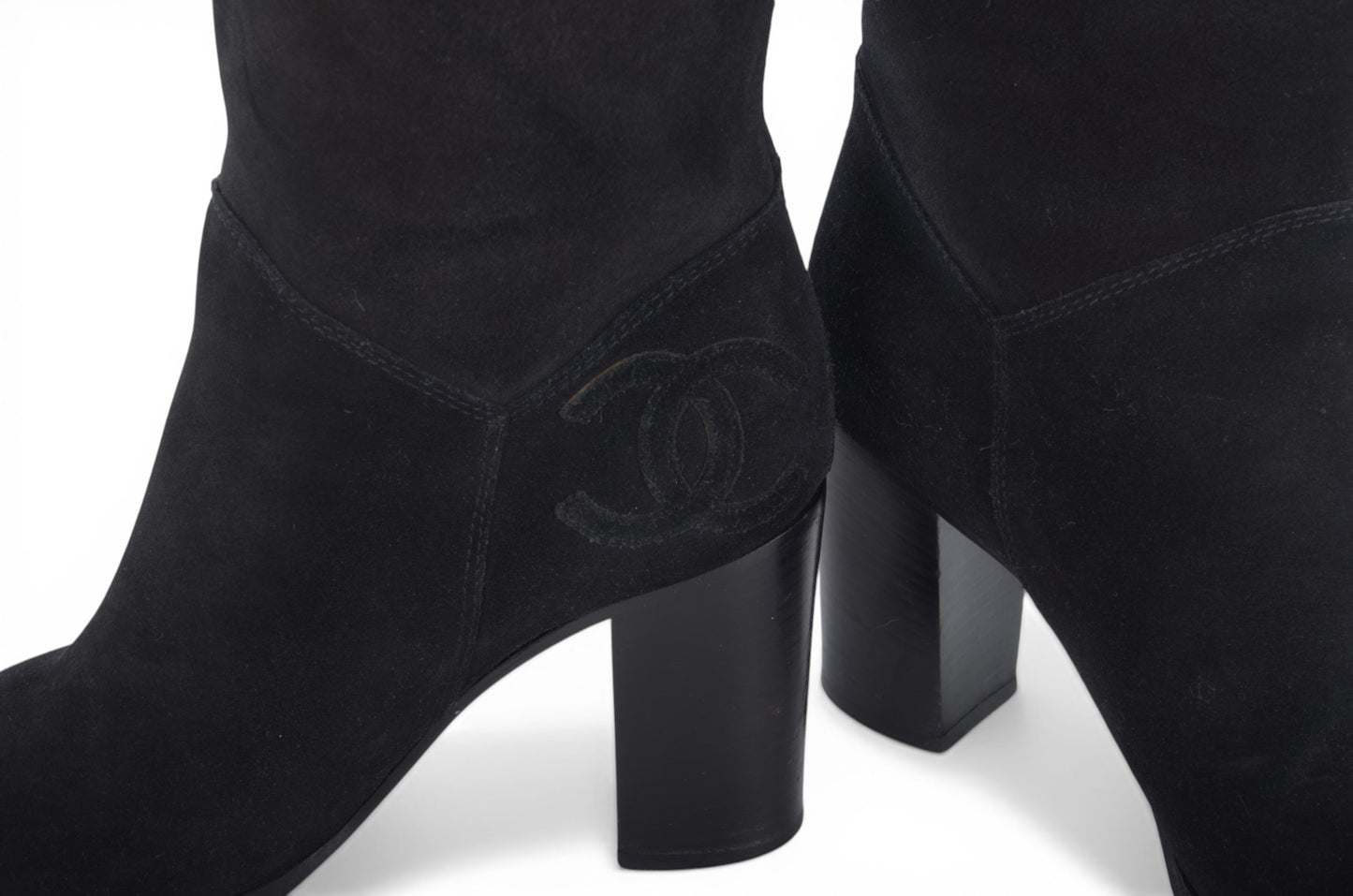 Chanel Long Boots Black Chunky Heel Logo Women's Shoes Vintage Designer Classic Authentic Size 36,5C