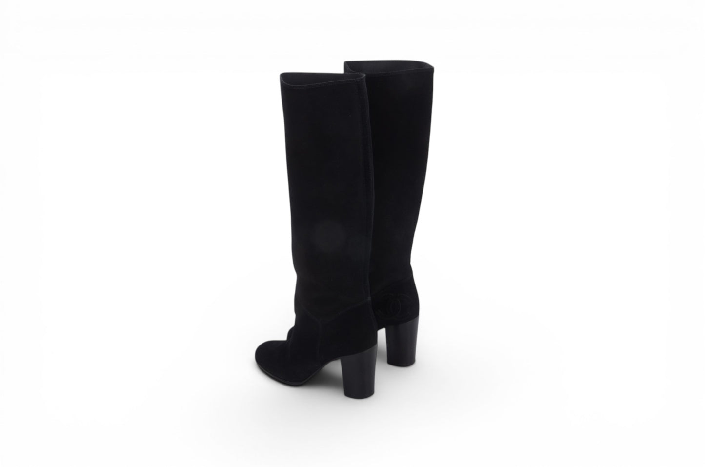 Chanel Long Boots Black Chunky Heel Logo Women's Shoes Vintage Designer Classic Authentic Size 36,5C