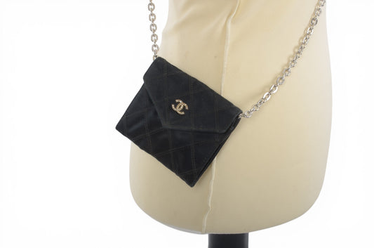 Chanel Satin Leather Wallet Cardholder Vintage Black Matelasse Designer Classic