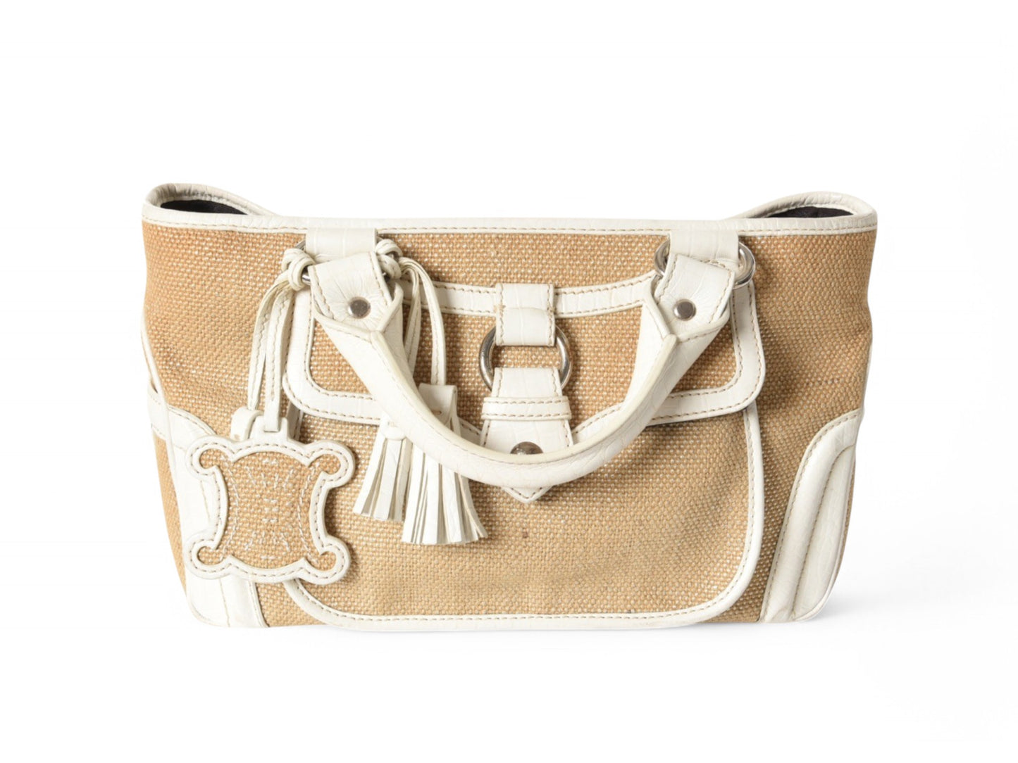 Celine Raffia Boogie Bag Handbag Beachbag Beach Triomphe Vintage White Brown