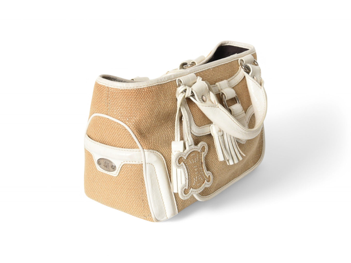Celine Raffia Boogie Bag Handbag Beachbag Beach Triomphe Vintage White Brown