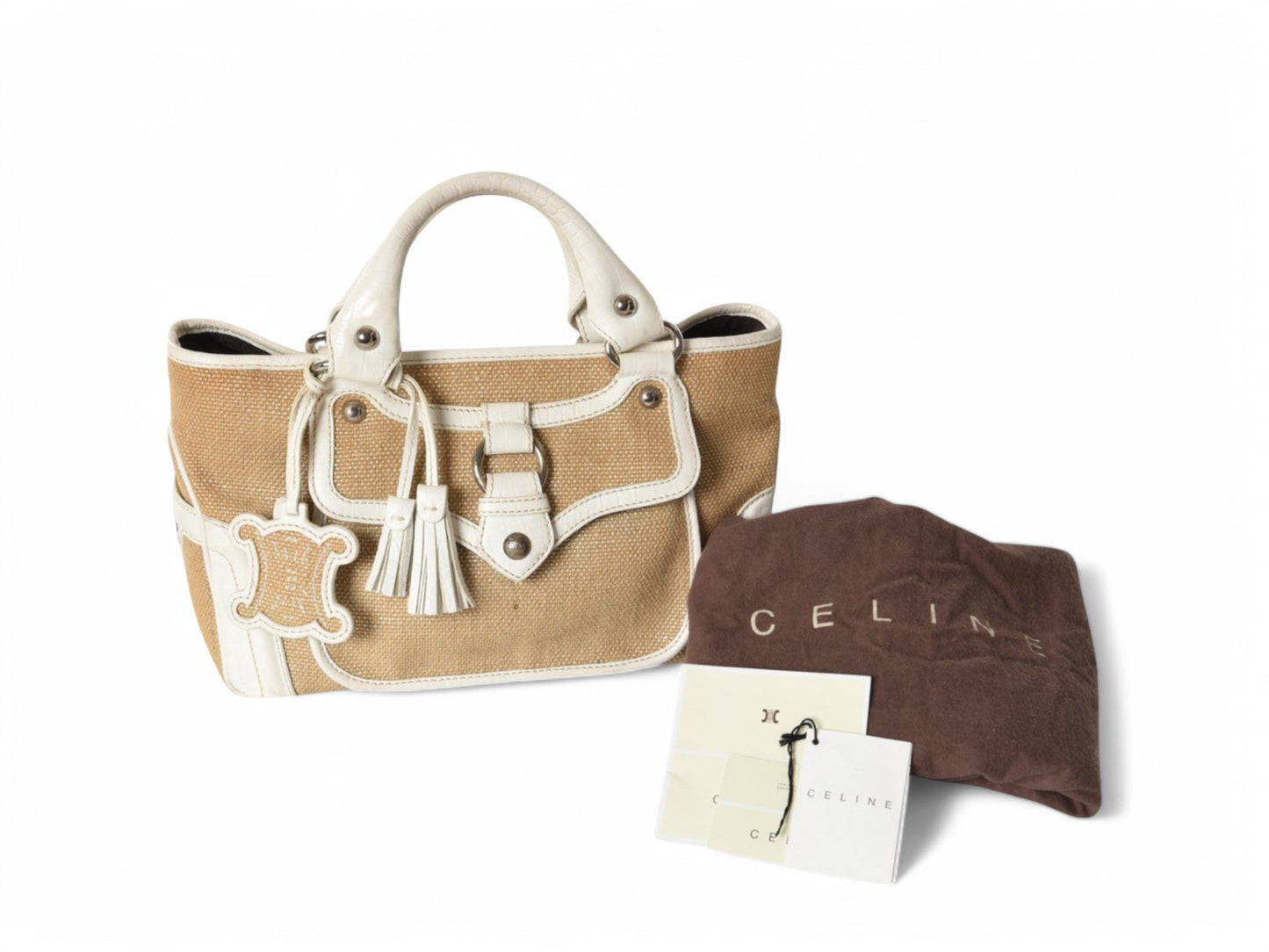 Celine Raffia Boogie Bag Handbag Beachbag Beach Triomphe Vintage White Brown