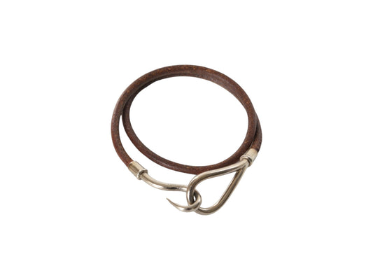 Hermès Leather Jumbo Hook Bracelet Vintage Brown Silver