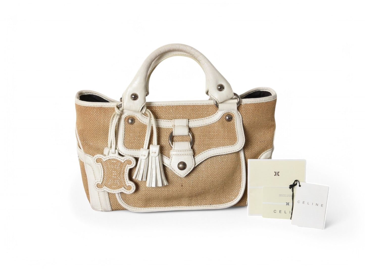 Celine Raffia Boogie Bag Handbag Beachbag Beach Triomphe Vintage White Brown