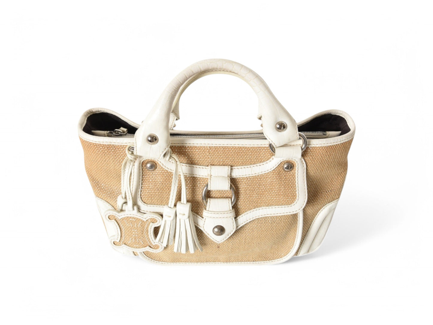 Celine Raffia Boogie Bag Handbag Beachbag Beach Triomphe Vintage White Brown