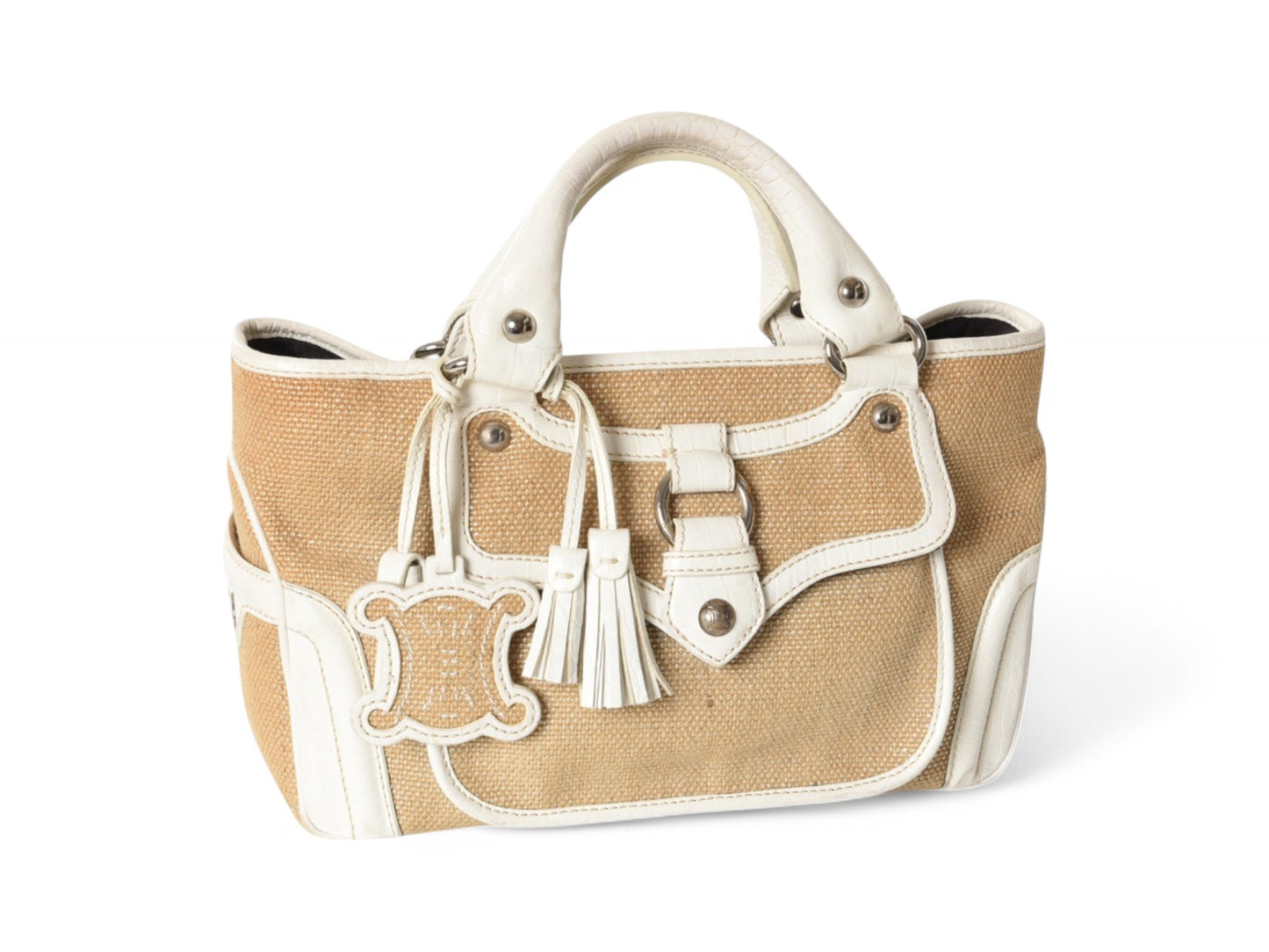 Celine Raffia Boogie Bag Handbag Beachbag Beach Triomphe Vintage White Brown