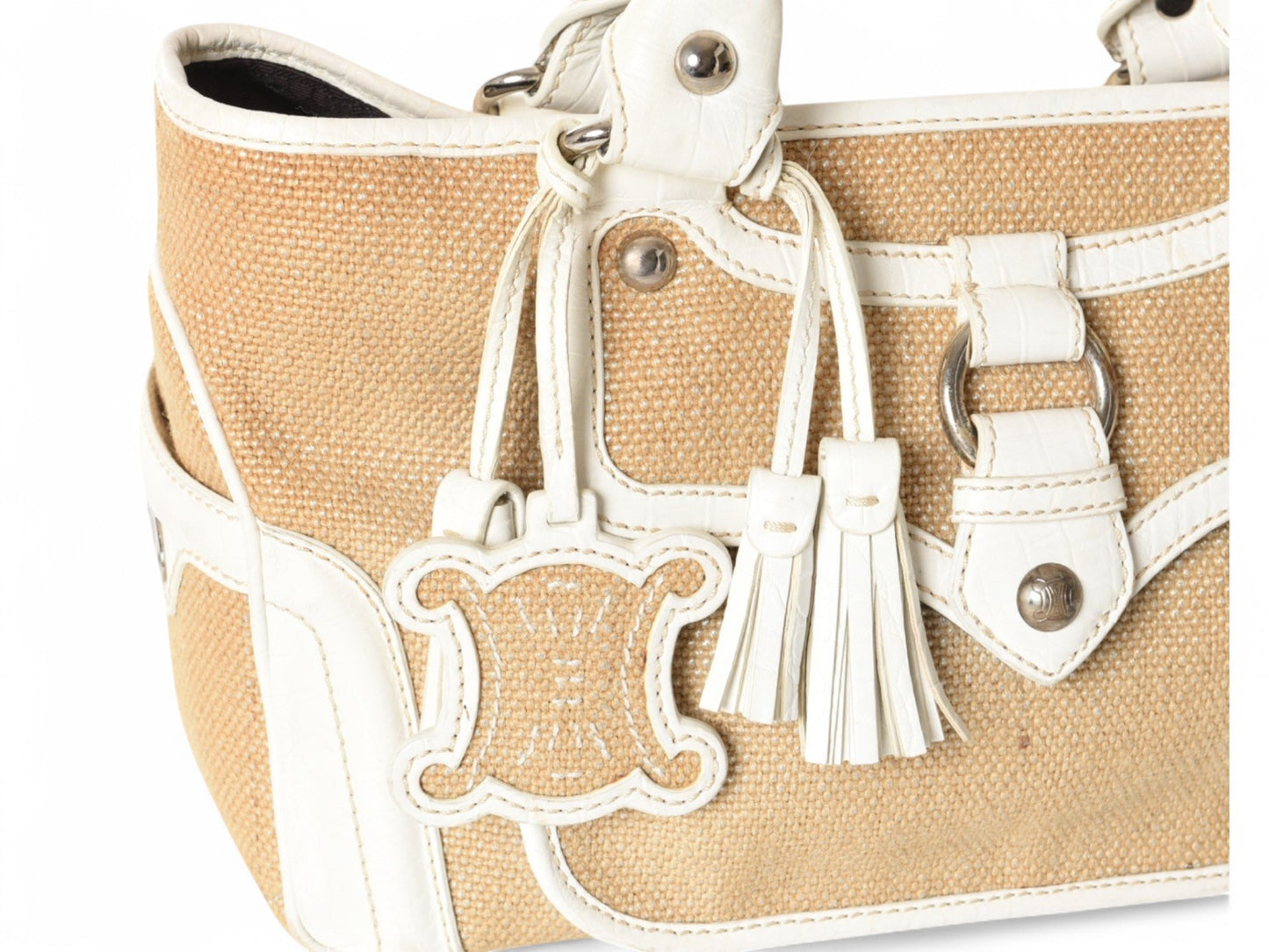 Celine Raffia Boogie Bag Handbag Beachbag Beach Triomphe Vintage White Brown