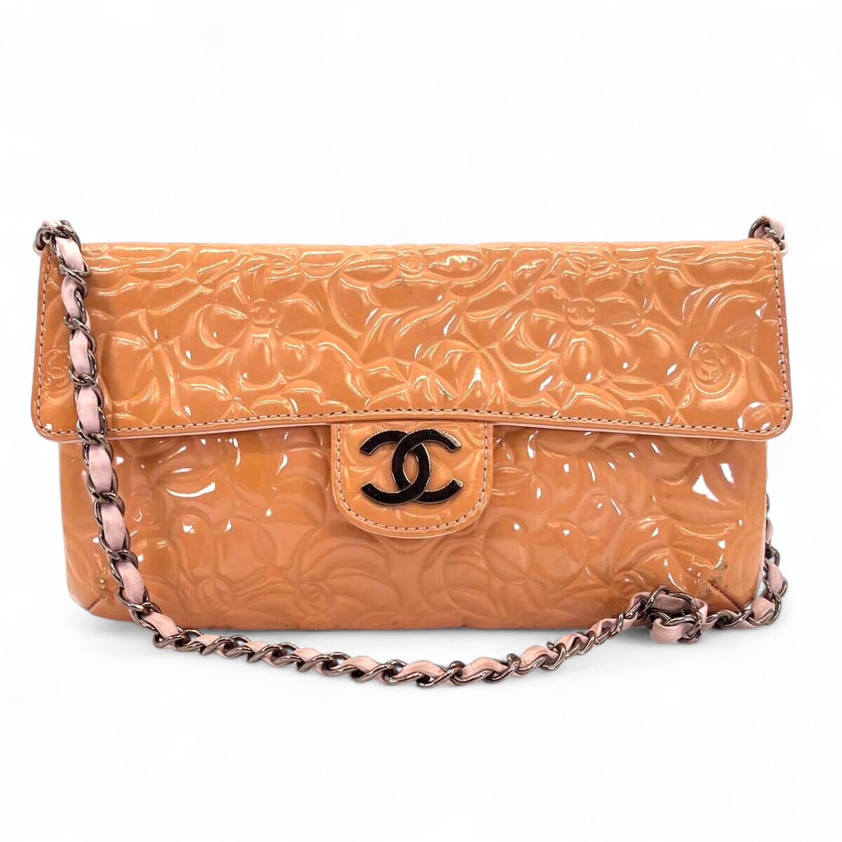 Chanel Chain Shoulder Camellia Coco Enamel Bag Hand Bag Orange Flower Patent Leather Flap Bag