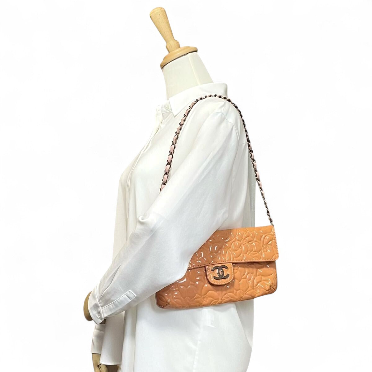 Chanel Chain Shoulder Camellia Coco Enamel Bag Hand Bag Orange Flower Patent Leather Flap Bag