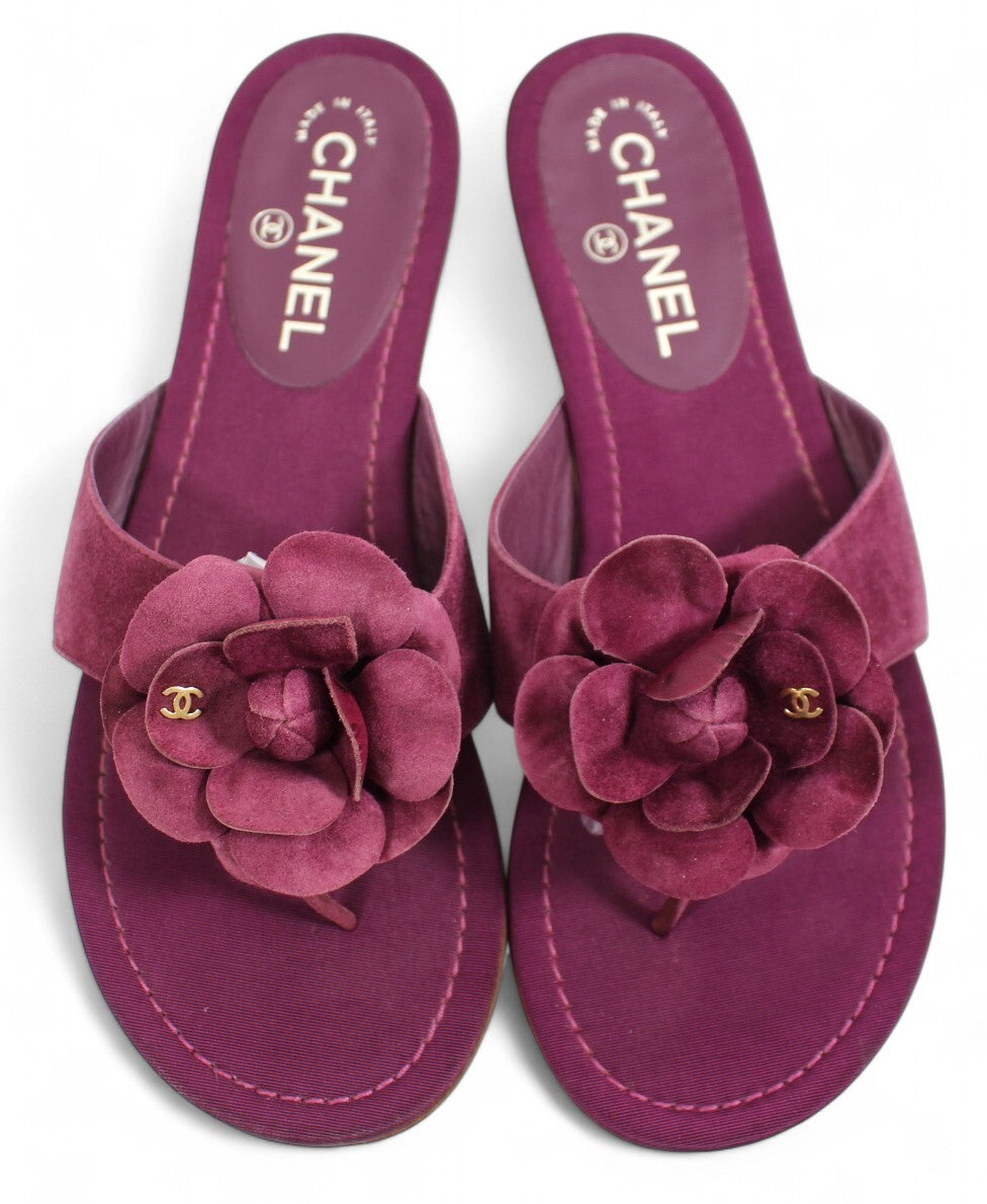 Chanel Camellia Sandals Shoes Suede Flower Vintage Size 39 1/2